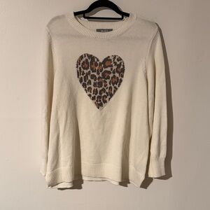 Marled Cream Knit Sweater with Leopard Heart
